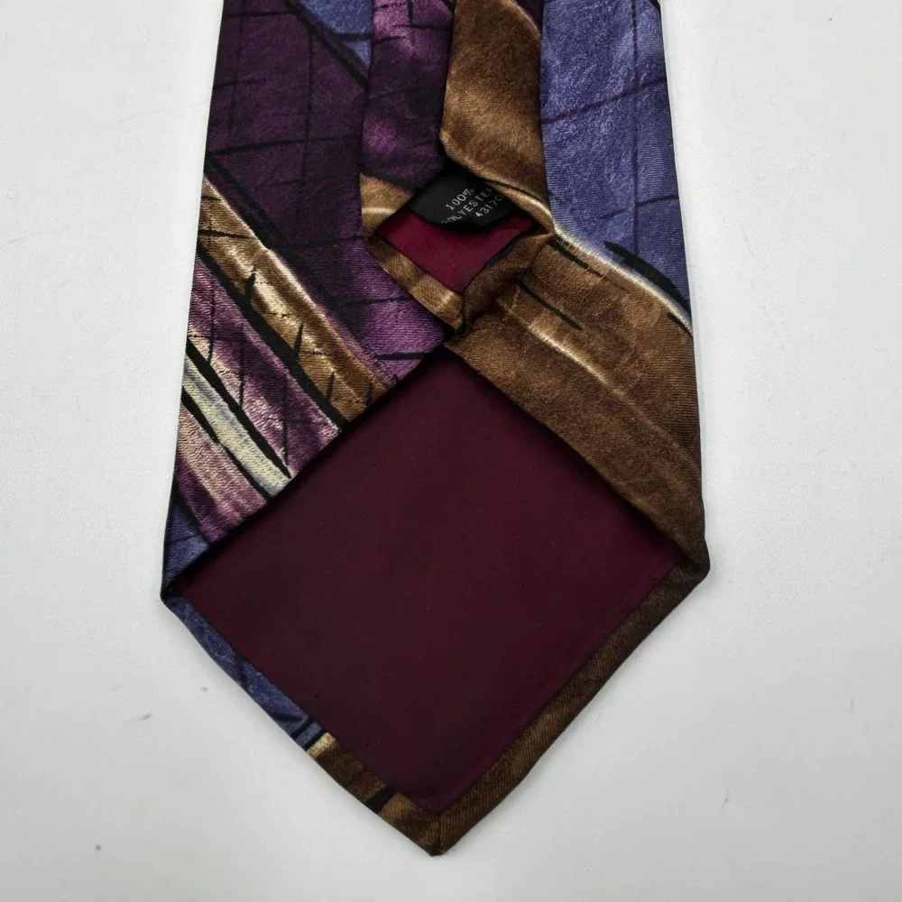 Oleg Cassini Necktie Purple Brown Mens Abstract Geometric Striped EUC 54 x 4 in